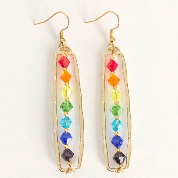 New Sparkling Glass Crystal 18k Gold Plated Hooks Dangling Hoop Rainbow Earrings - Picture 8 of 11